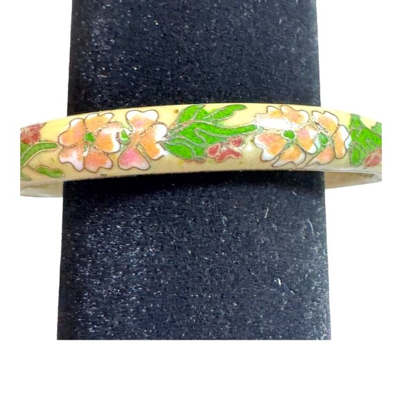 Vintage Wide Cloisonné Floral Bangle Bracelet Yellow Pink Enamel Flowers Pastel - Picture 1 of 6